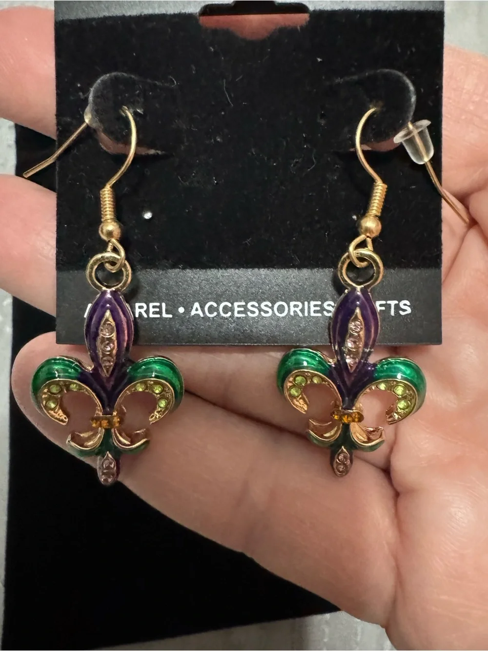 Green and Purple Fleur-de-Lis Dangle Earrings & Alligator Earrings